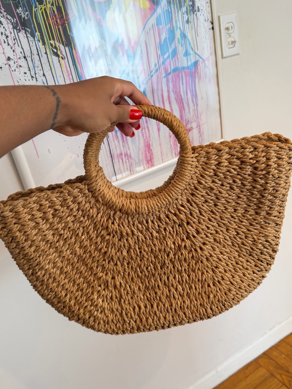 Woven Straw Half-Moon Handbag in Tan